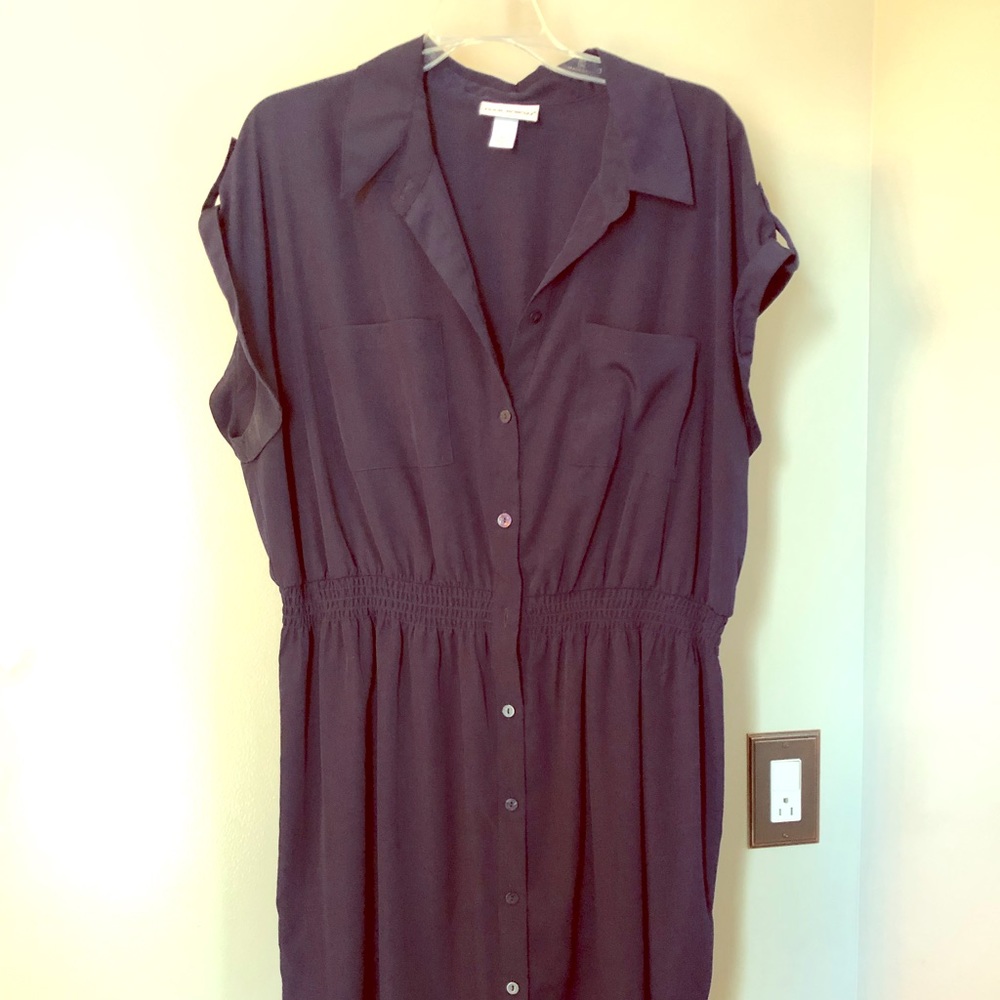 Navy button down shirt dress w elastic waist